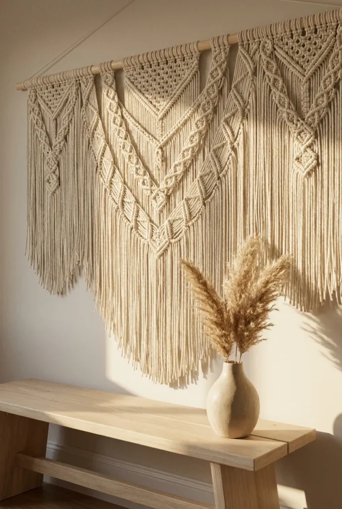Large ivory macramé wall hanging above a low reading bench with dried pampas.