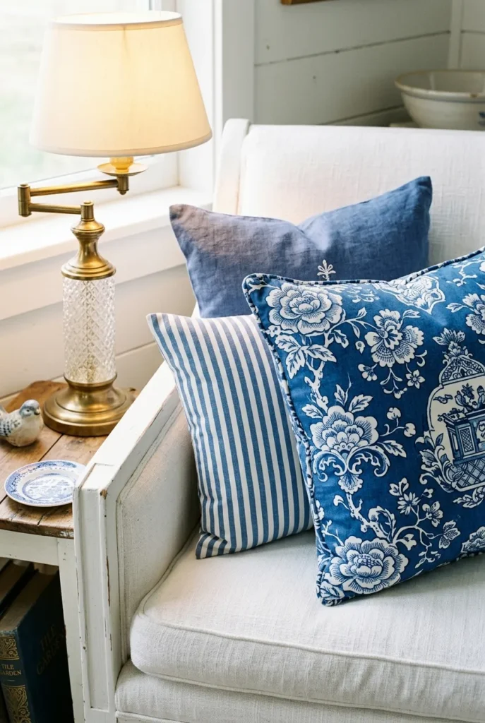 Layered blue and white floral and striped cushions on a white reading chair.