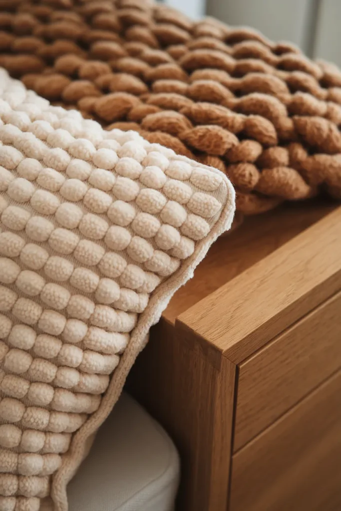 Layered boucle, chunky knit, and warm oak textures in a cozy bedroom close-up.
