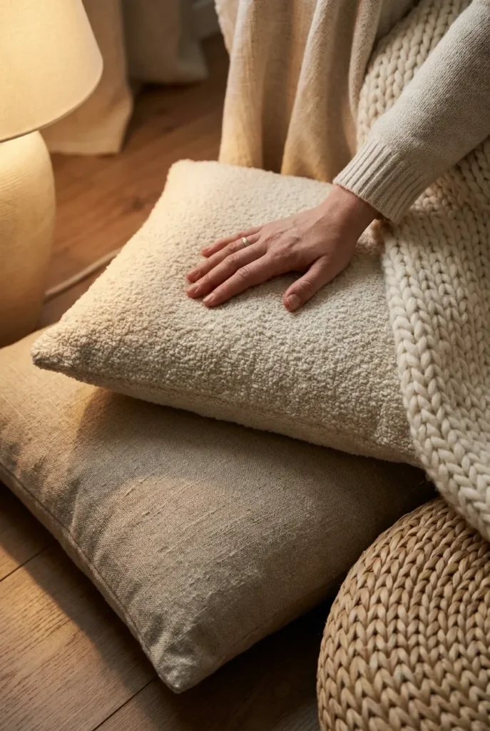 Layered bouclé, linen, and knit textures in a warm neutral reading nook.