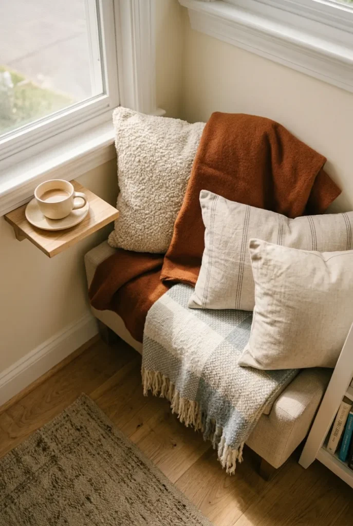 Layered cushion, wool throw, and mixed pillows styled on a cozy hallway reading bench.