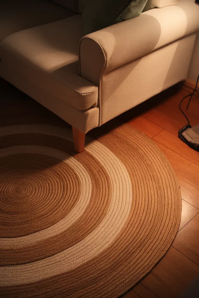 Layered jute and wool rugs under a linen sofa in warm evening lamplight