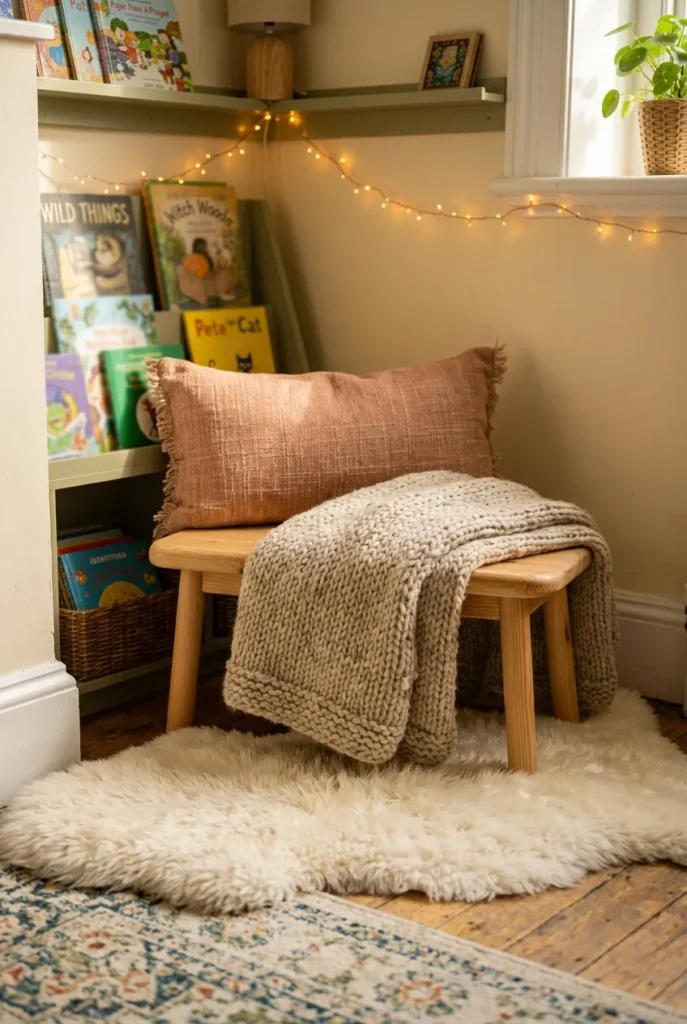 Layered knit throw, lumbar pillow, and soft mat in a cozy classroom reading corner.