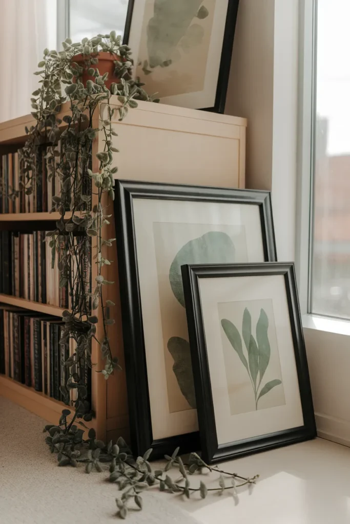Layered leaning framed art on and beside a styled reading nook bookcase.