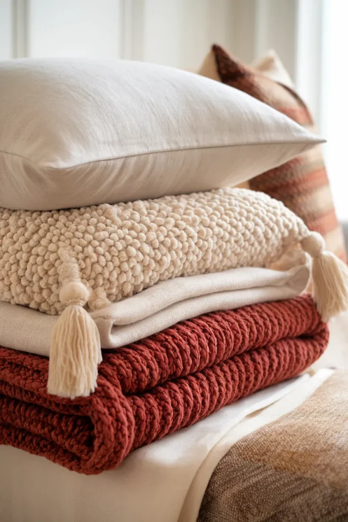 Layered linen, boucle, and chunky rust knit textiles for a terracotta reading nook.