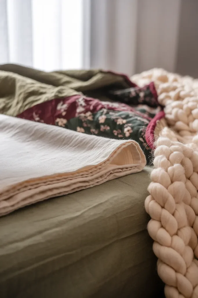 Layered moody bedding with cream sheets, a green linen duvet, and a patchwork quilt