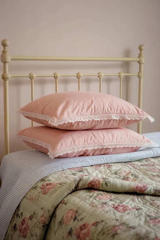 Layered vintage floral bedding with ruffled pillowcases on an iron bed frame