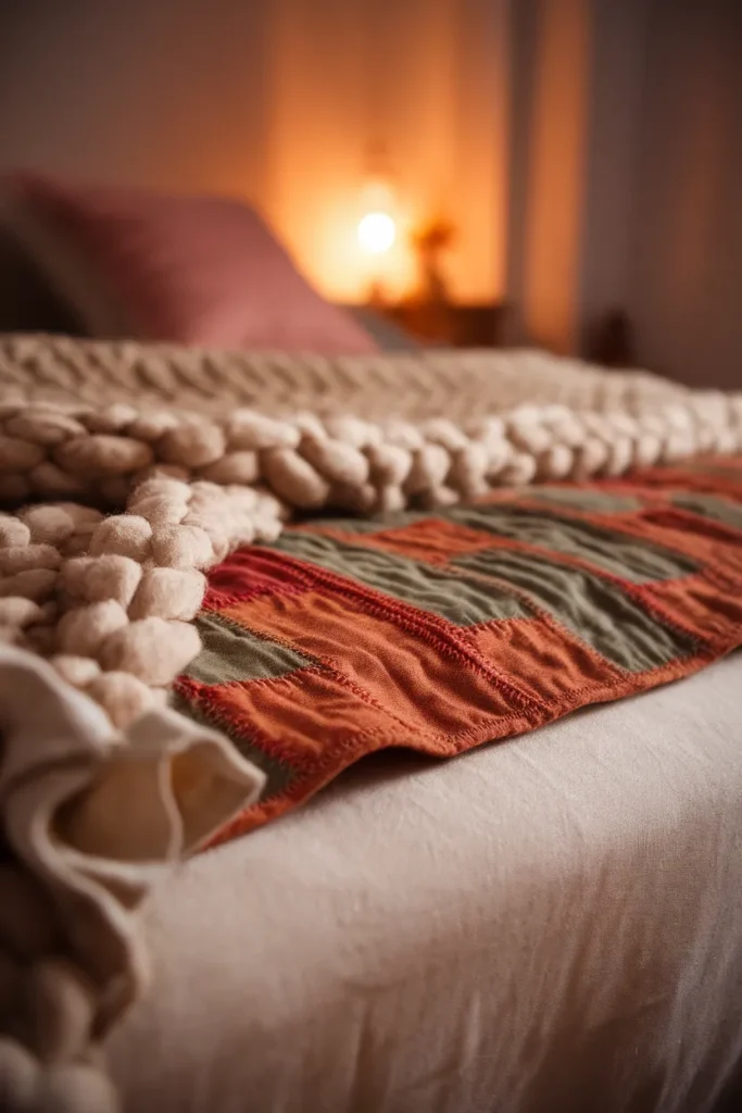 Layered vintage quilt and wool throw on the bed in a small cottagecore bedroom