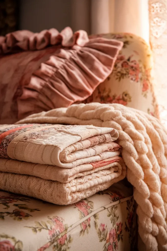Layered vintage quilt, lace and wool throw on a floral sofa arm in warm evening light