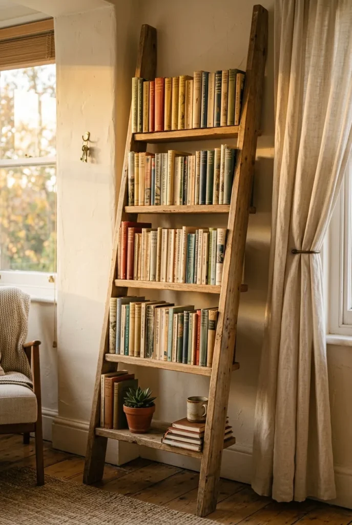 Leaning ladder bookshelf and linen curtain creating a no-drill vintage reading corner.