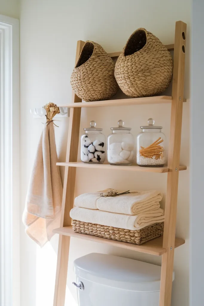 Leaning ladder shelf over a toilet with woven baskets and glass apothecary jars.
