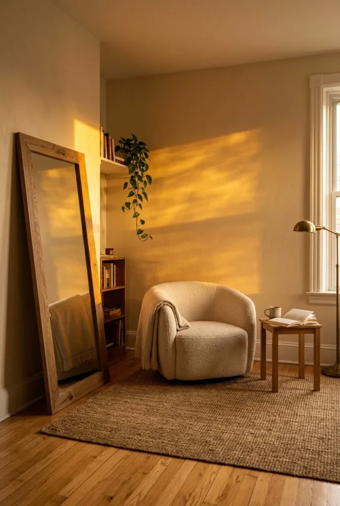 Leaning mirror catching golden-hour window light and spreading it across a reading nook.
