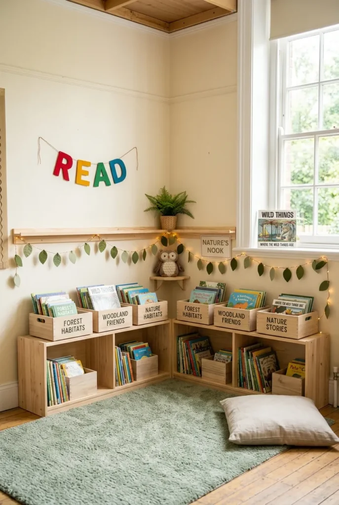 Lightly themed nature classroom reading corner with a green rug and leaf garland.