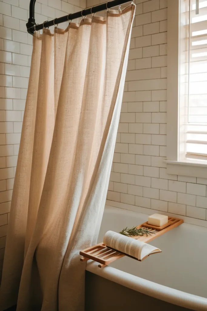 Linen shower curtain on a curved rod over an alcove tub with a wooden bath caddy.