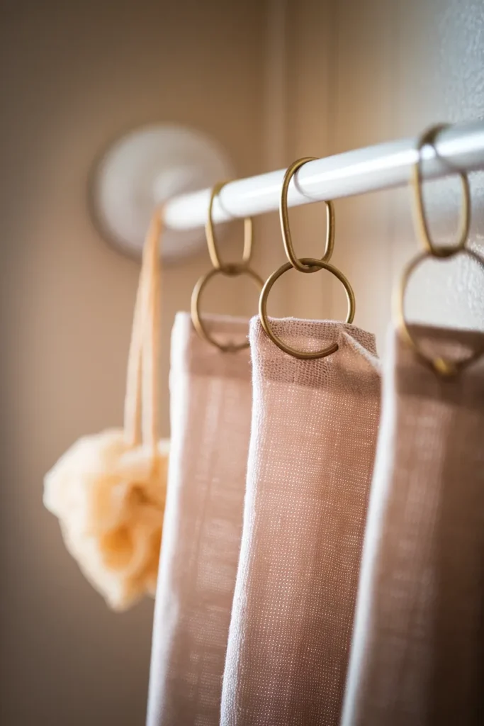 Linen shower curtain on brass rings hanging from a tension rod in a rental bathroom