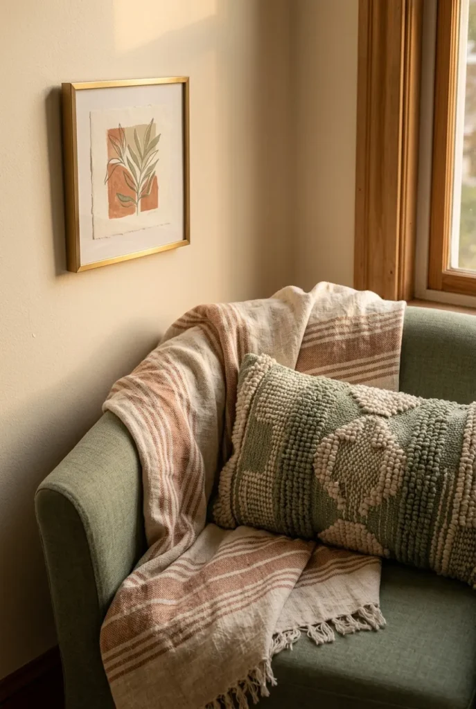 Linen throw and lumbar pillow on a reading chair beside a framed print in a nook.