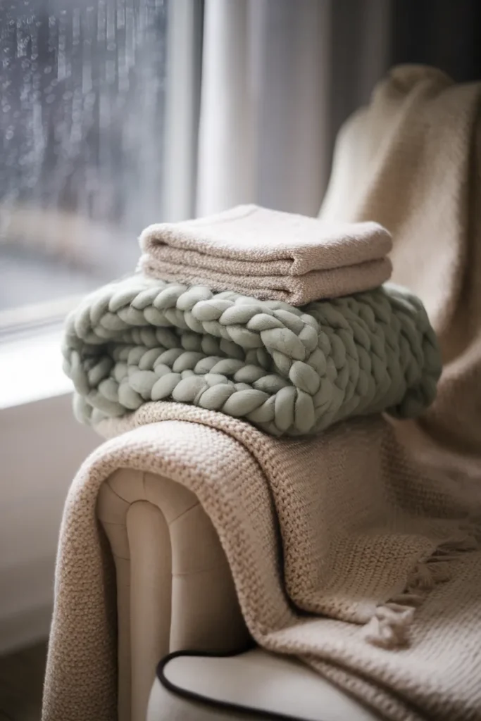Linen, wool, and sherpa throw layers on an armchair in a cottagecore apartment living room.