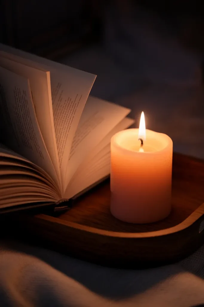 Lit candle beside an open book in warm darkness, classic hygge decor light after dark.
