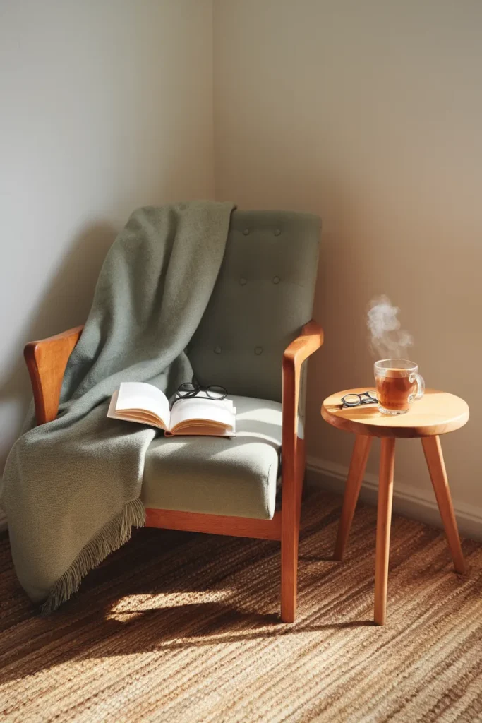 Lived-in cottagecore reading nook with open book and steaming mug in a small living room corner.