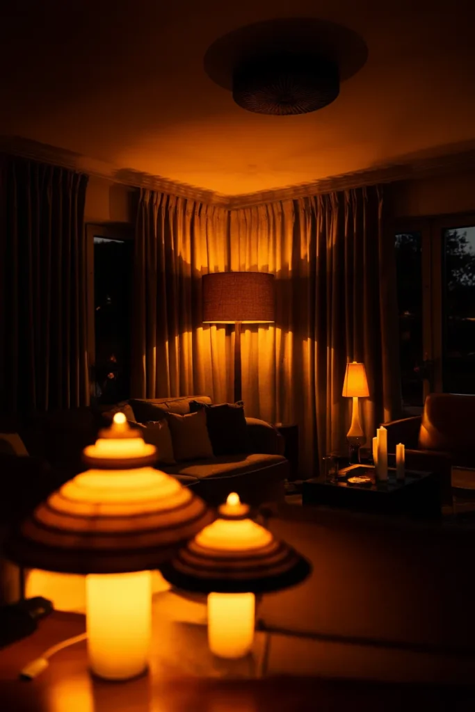 Living room using layered warm lamp light instead of one bright ceiling light.
