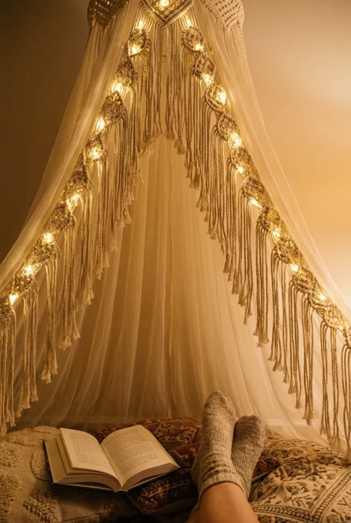 Looking up at a macramé canopy with fairy lights over a cozy floor-cushion nook.