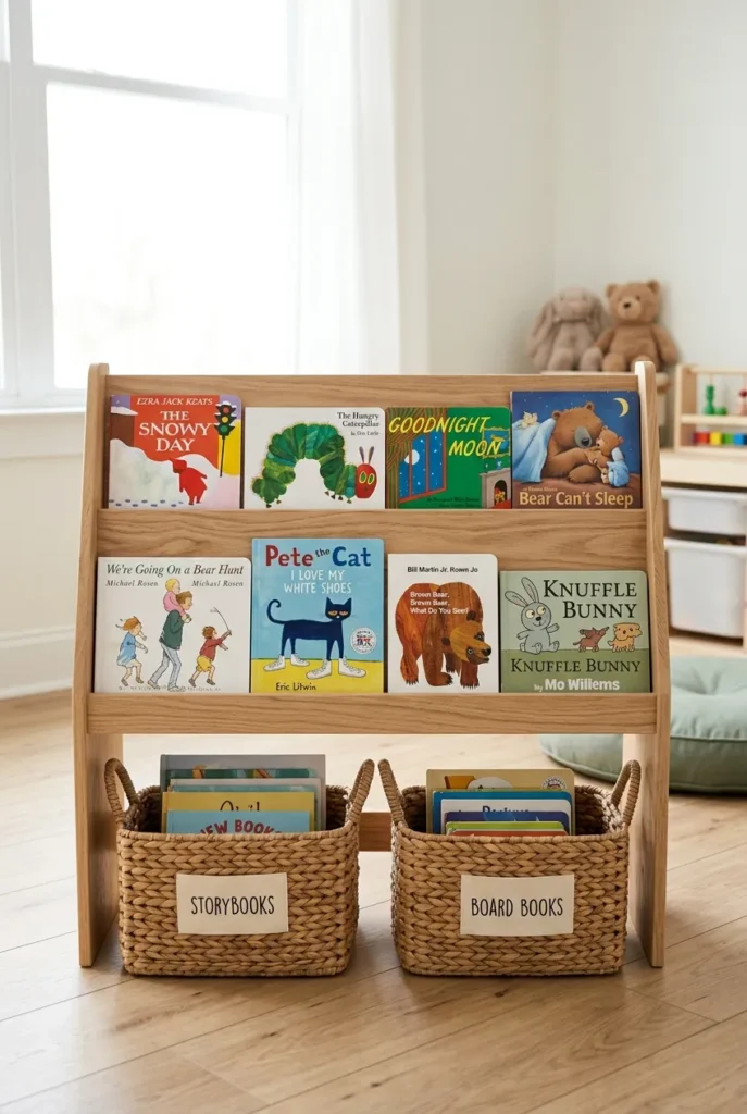 Low front-facing book rack showing picture book covers at toddler reaching height.