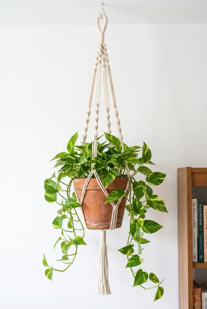 Macramé plant hanger with trailing pothos in a terracotta pot on a white wall.