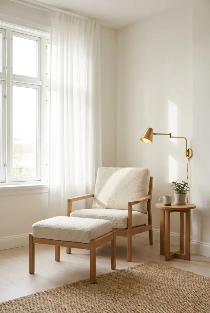 Matching Scandinavian armchair and ottoman set beside a bright reading nook window.