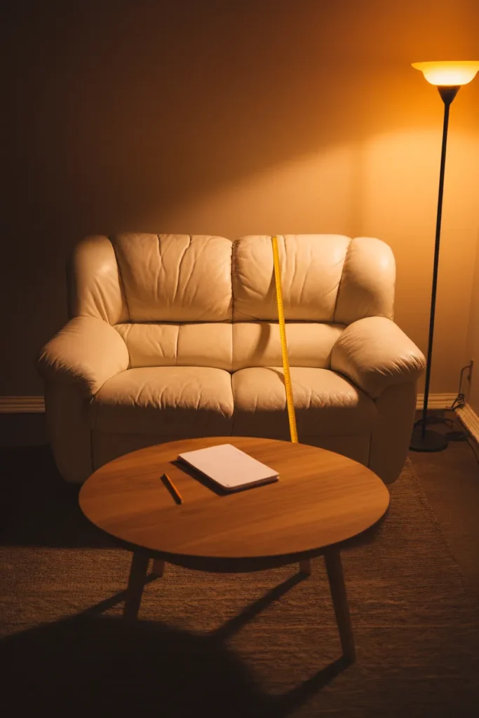 Measuring 16 inches of clearance between loveseat and coffee table in a small cottagecore living room.