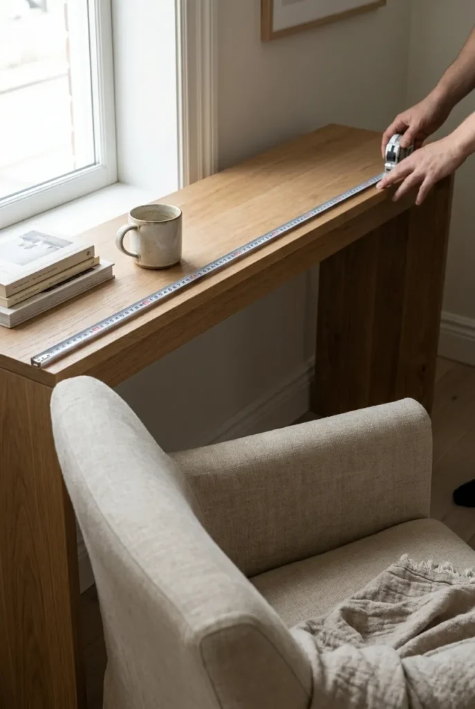 Measuring a console table length against a reading chair with a tape measure.