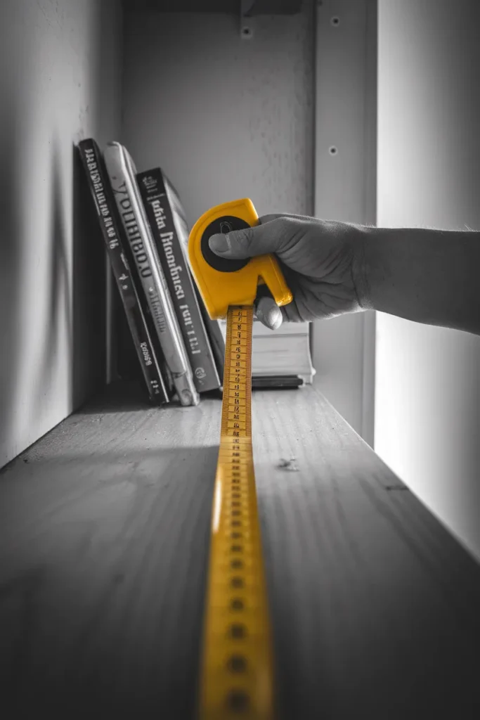 Measuring the depth of a narrow book ledge with a tape measure before buying shelving.