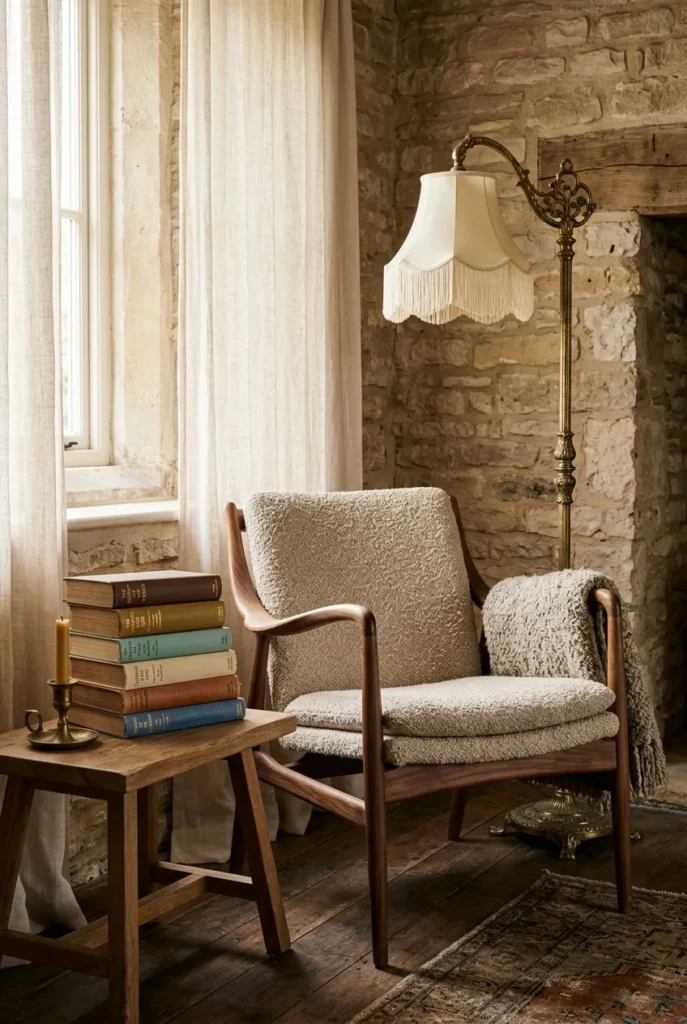 Mid-century walnut chair mixed with an antique brass lamp in a vintage nook.