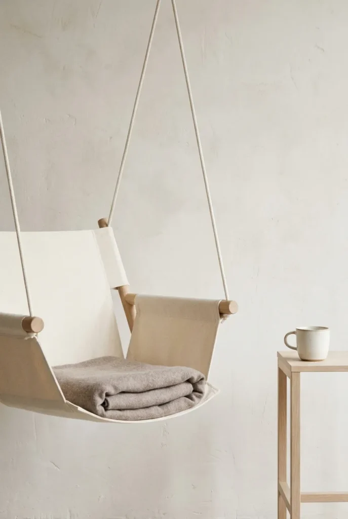 Minimalist neutral sling swing chair with a wool throw and slim wooden side table.