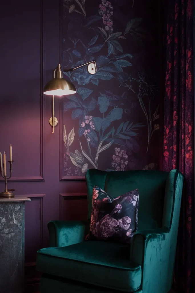 Moody dark-floral reading nook with plum wallpaper, emerald velvet chair, and brass sconce.
