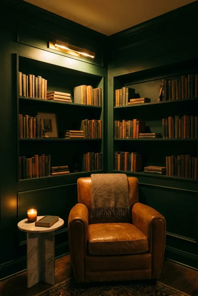 Moody forest green reading nook with leather chair, brass picture light, and shelf of hardback books.