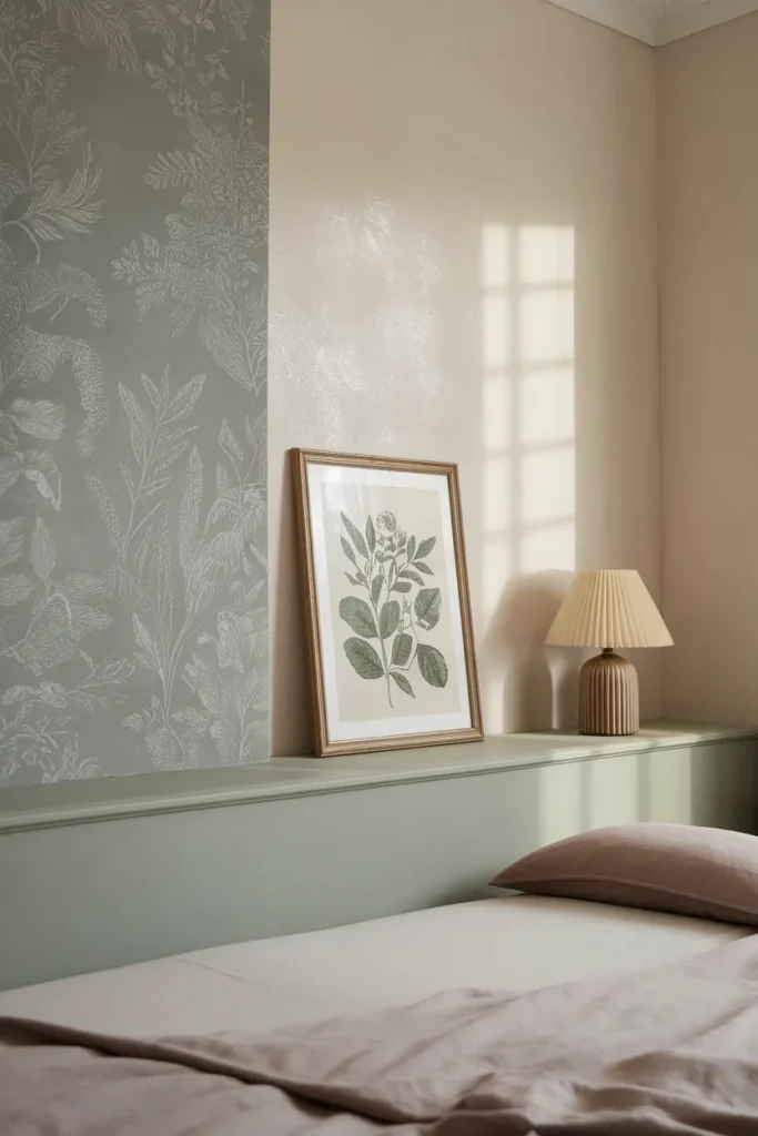 Muted sage accent wall behind a bed for a warm cozy bedroom in a rental. Cozy Bedroom Ideas