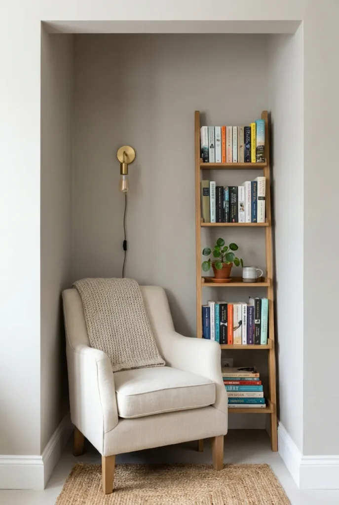 Narrow alcove reading nook with a cream chair and slim ladder shelf in a studio.