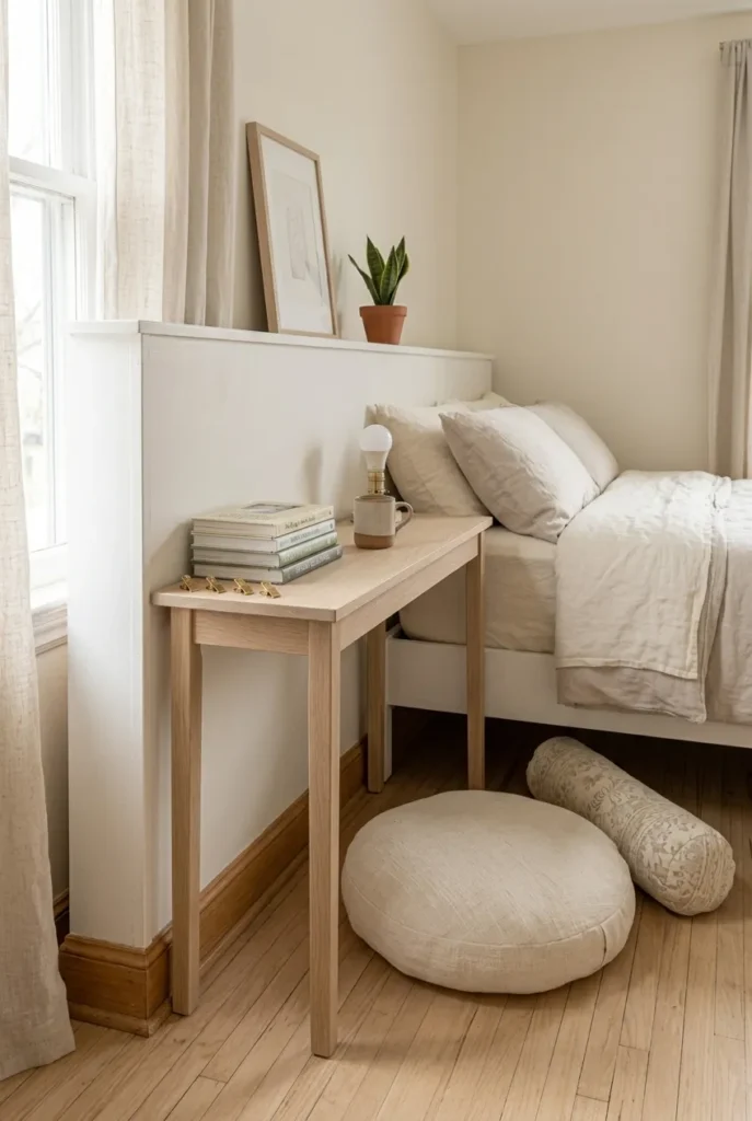 Narrow desk at the foot of a bed with a floor cushion reading spot beside it.