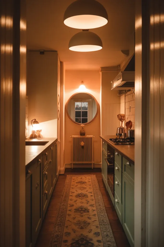 Narrow galley kitchen at dusk with layered warm lighting and a mirror at the end wall.
