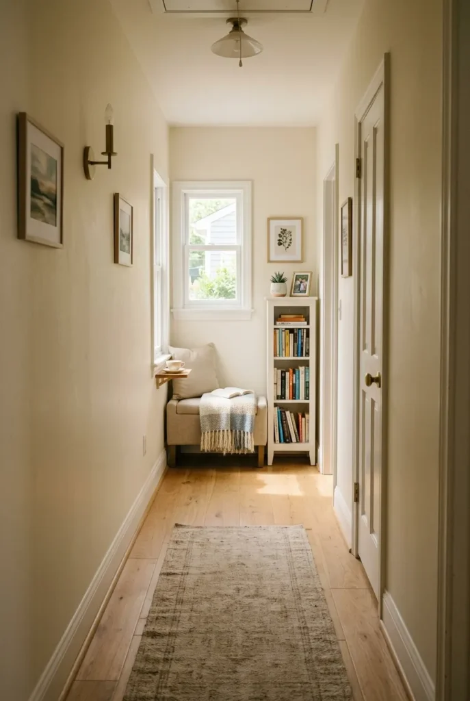 Narrow hallway reading nook with a cushioned bench and slim bookshelf in warm morning light.