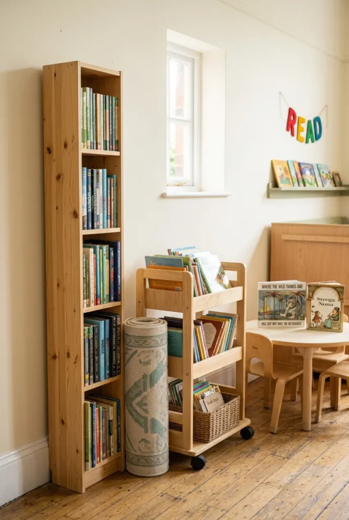 Narrow tower shelf and rolling cart forming a fold-away reading corner in a small classroom.