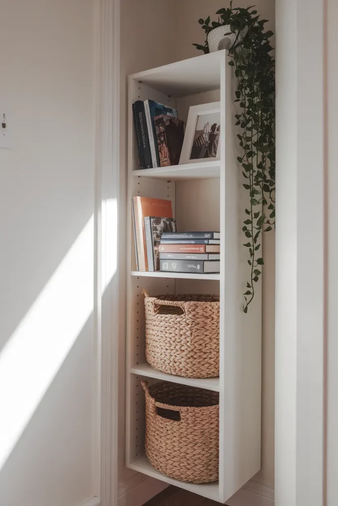 Narrow white vertical cube shelf fitted beside a doorway holding books, baskets, and a small plant.