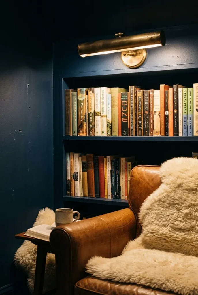 Navy reading nook detail with brass light, leather chair, and stacked books.