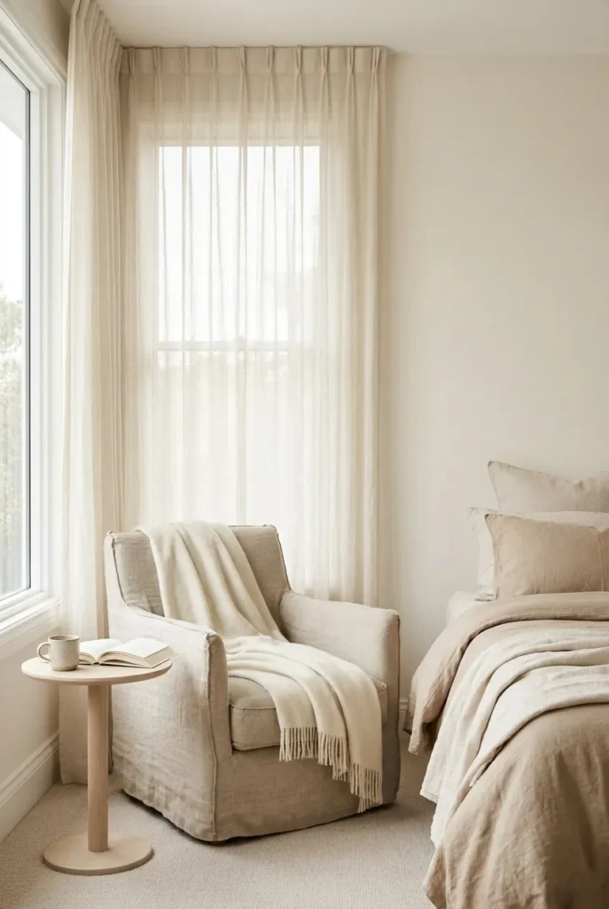 Neutral bedroom reading corner with linen chair and sheer curtains by a window.
