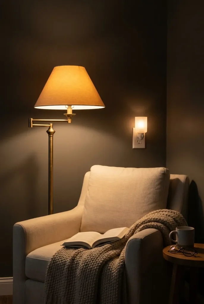 Neutral reading nook lit by a warm 2700K lamp for a cozy evening glow.
