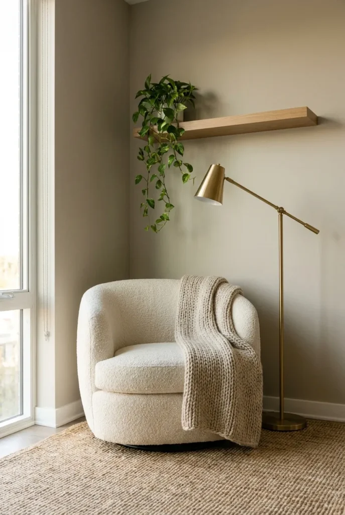 Neutral reading nook with cream bouclé chair, knit throw, and warm floor lamp.
