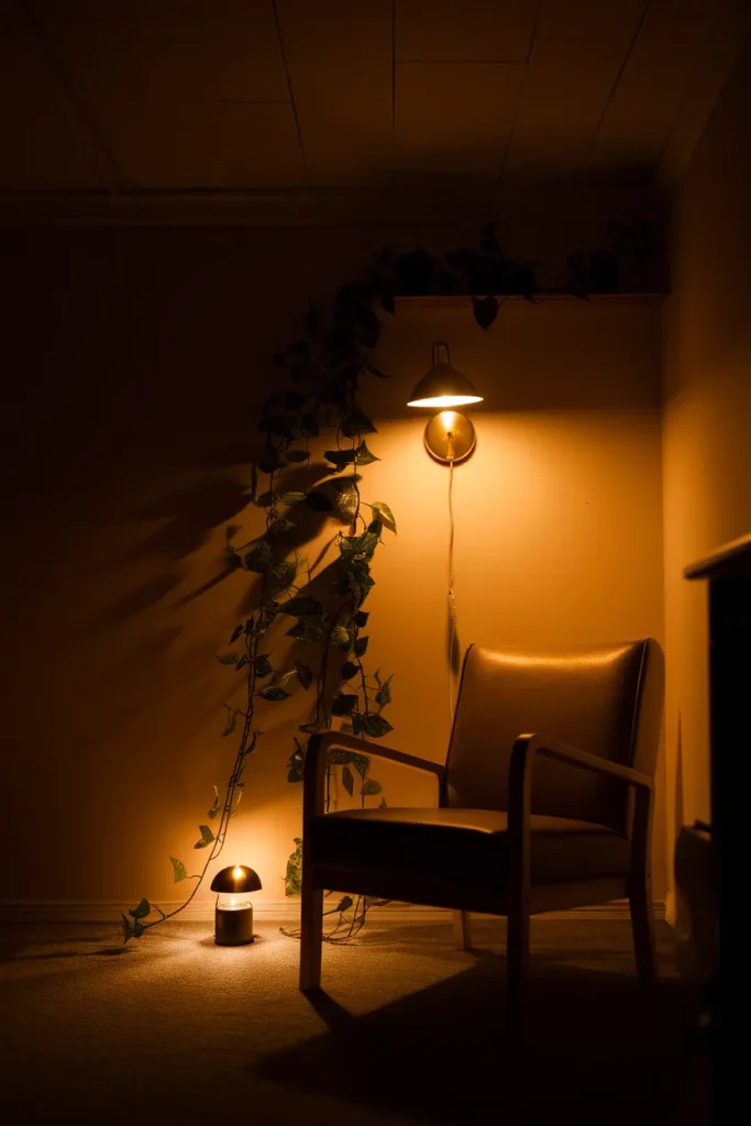 Night view of an apartment corner lit by a brass plug-in sconce at eye level and a small floor lamp behind a plant.