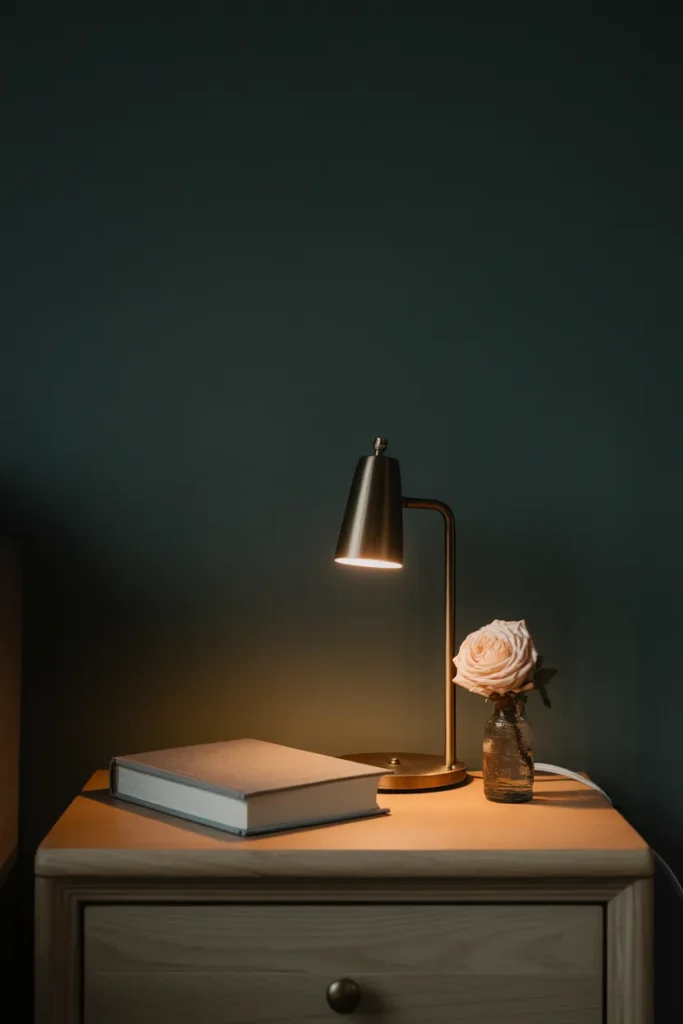 Nightstand styled simply with lamp, book, and bud vase in a vintage cottagecore bedroom