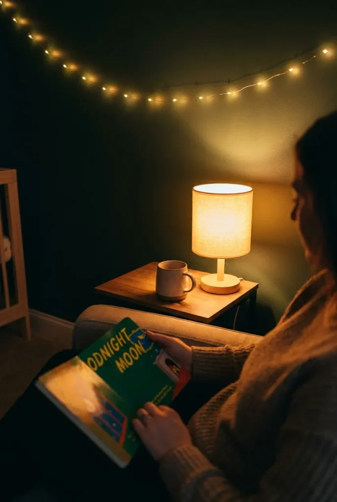 Nighttime nursery reading nook lit by warm fairy lights and a 2700K lamp during story time.