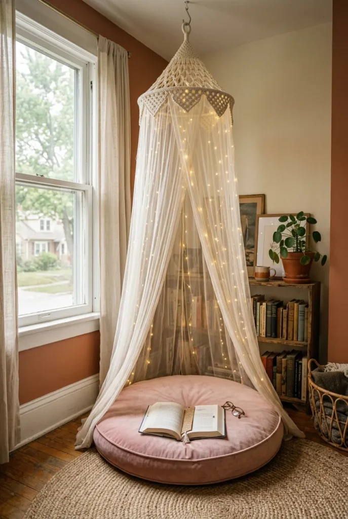 No-drill reading nook canopy hung over a floor cushion in a bright apartment corner.